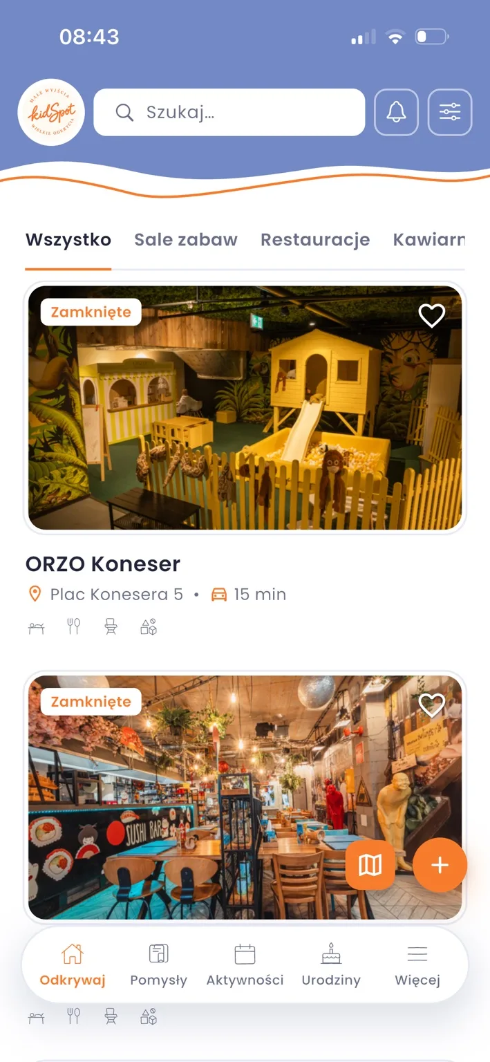 Ekran miejsc kidSpot z ORZO Koneser