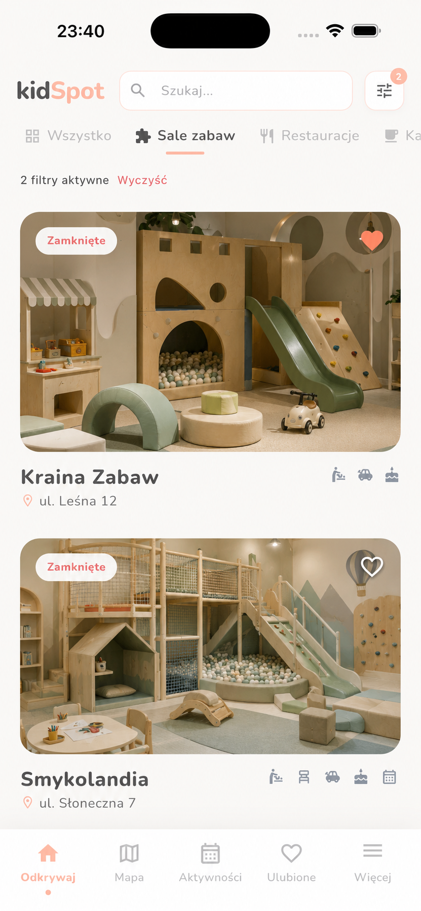 Lista miejsc w aplikacji KidSpot
